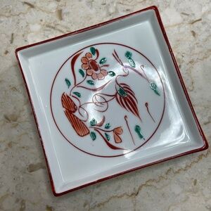 Tiffany & Co  Glass Plate Square Red Crane Porcelain Asian motif 5" square